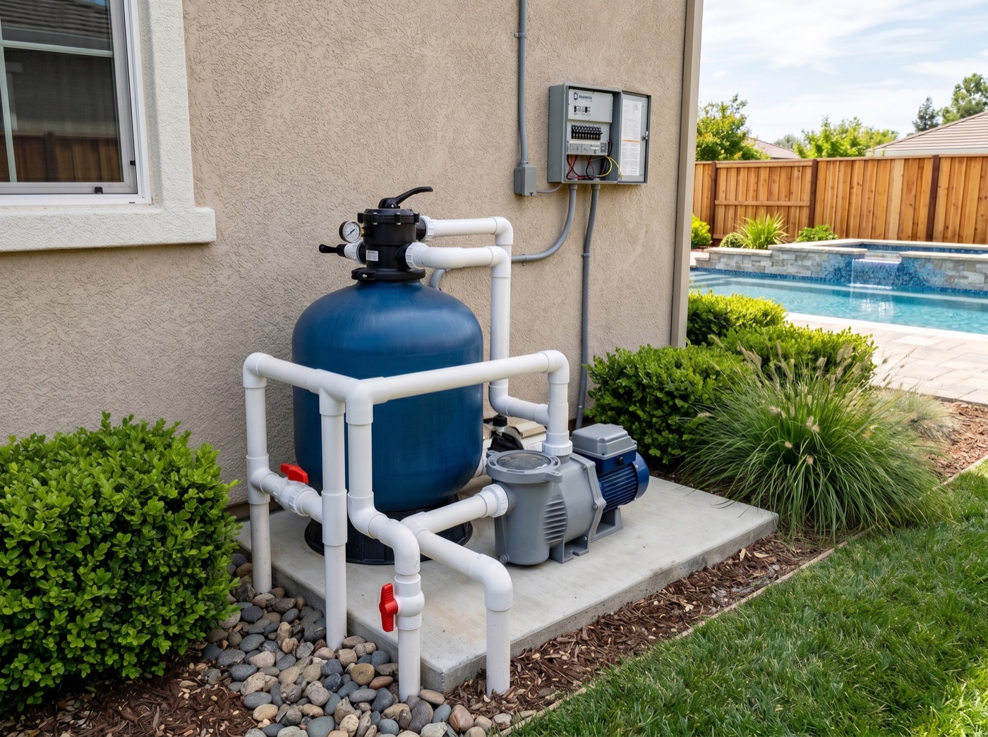 Clean residential pool pump and filter equipment