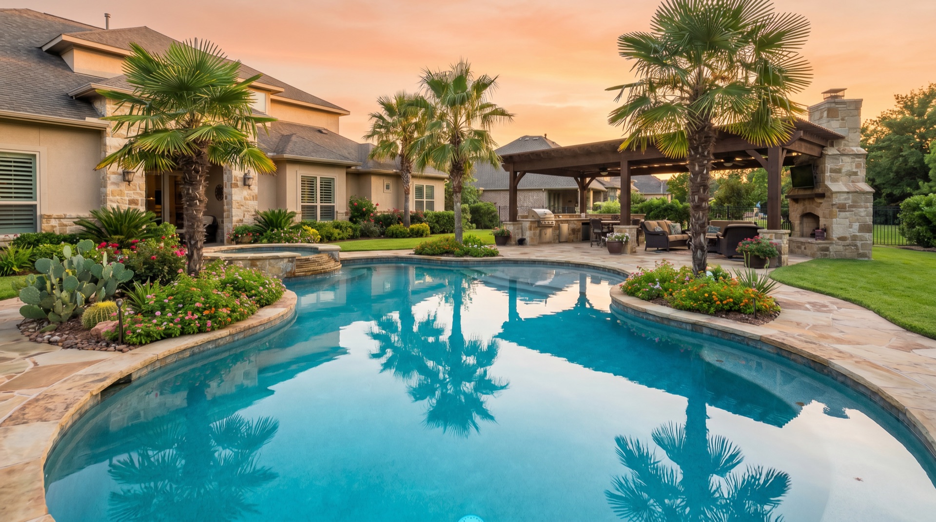 A sparkling clean backyard swimming pool at golden hour in Cypress, Texas